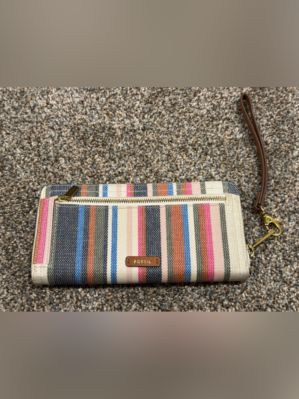 Fossil Striped Canvas Wallet in Pink, Blue, Brown & Cream Fully Zip Around